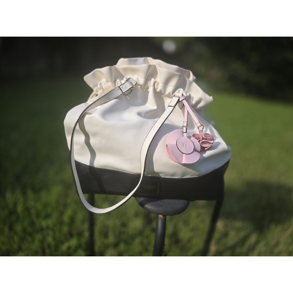 Victoria's Secret Cream Black Cinch Tote Bag with Pink Flower Charms